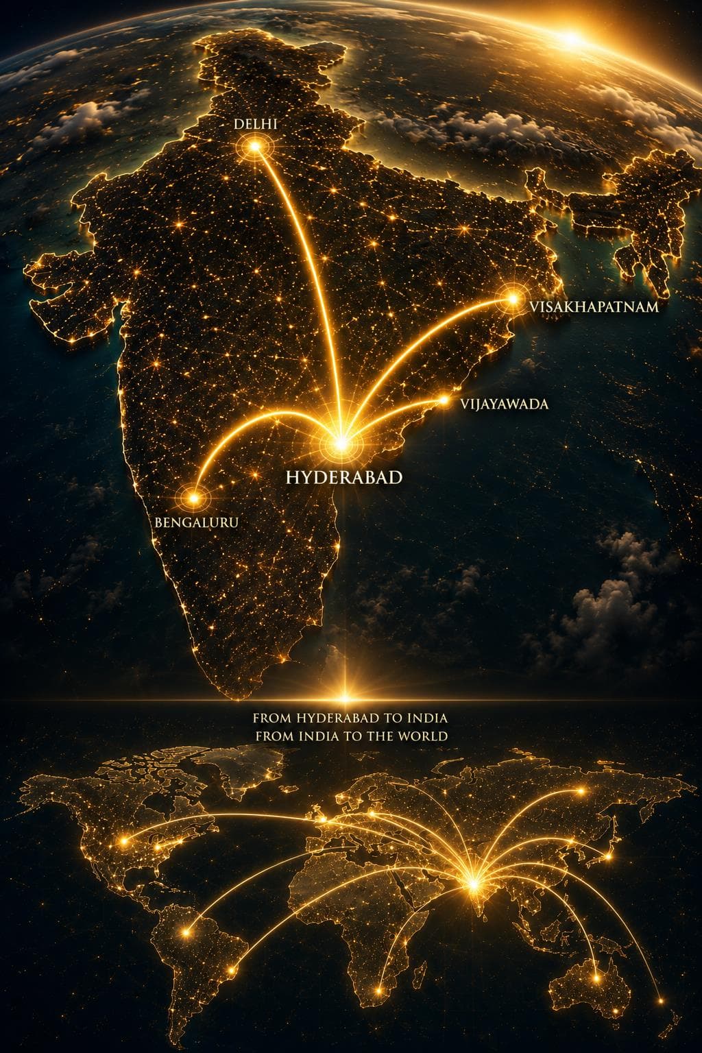 A night-lit map of India with gold arcs running from Hyderabad out to Delhi, Visakhapatnam, Vijayawada and Bengaluru, and a world map below carrying the same lines outward.